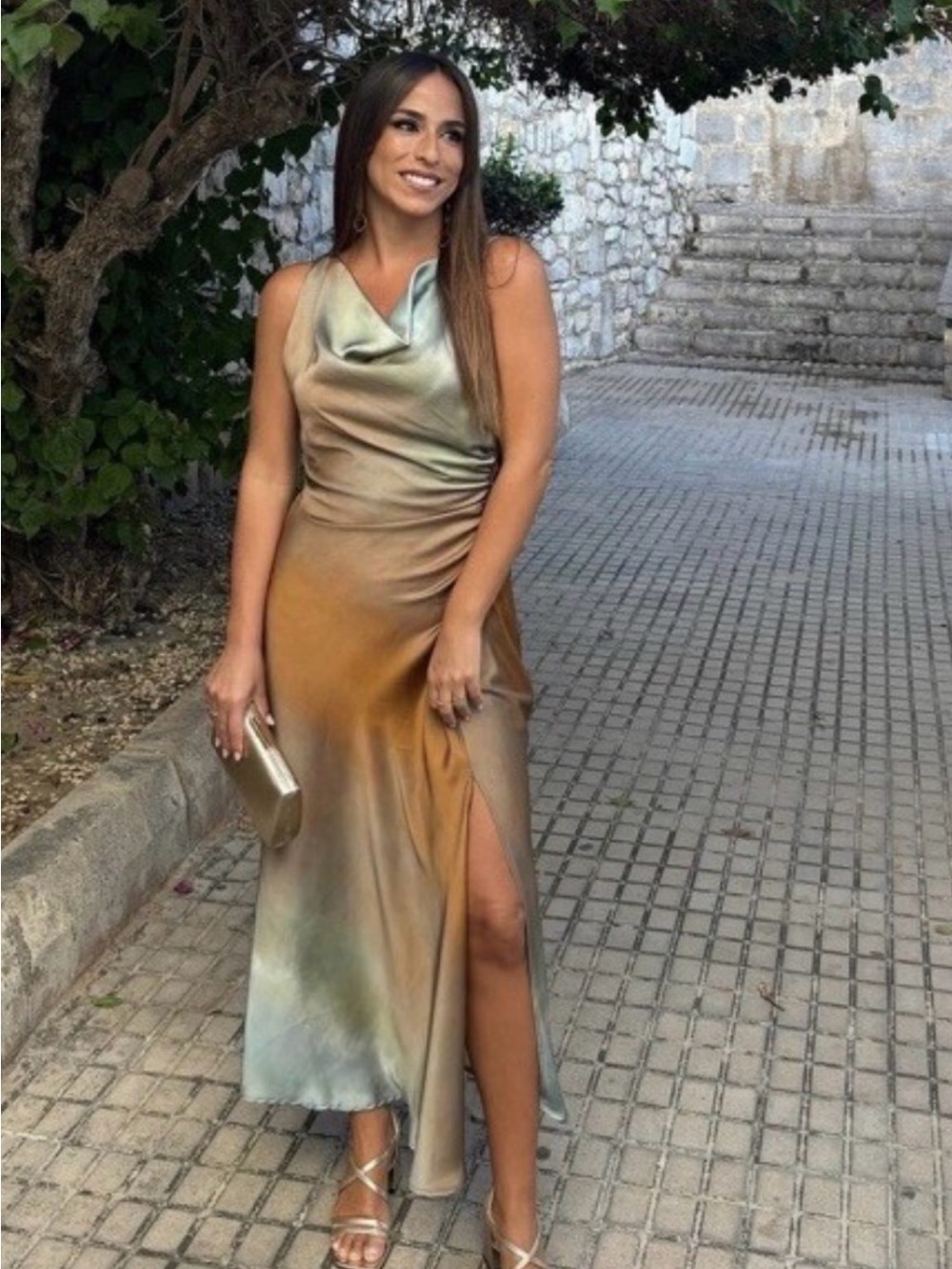Zara Satin Ombre Midi Dress in Green and Gold